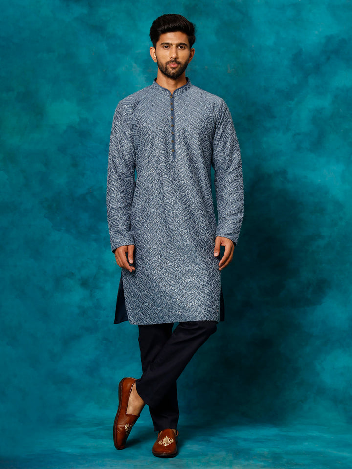 Sarvati Men's Grey Cotton Schiflli Kurta Pant Set