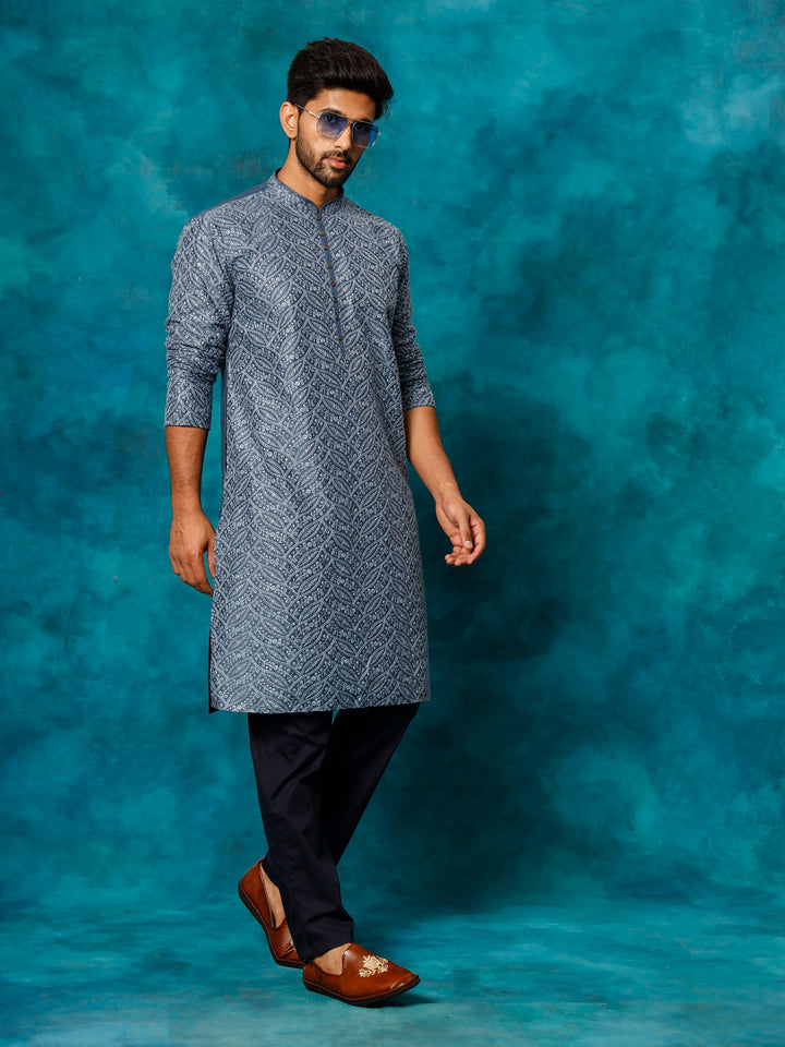 Sarvati Men's Grey Cotton Schiflli Kurta Pant Set