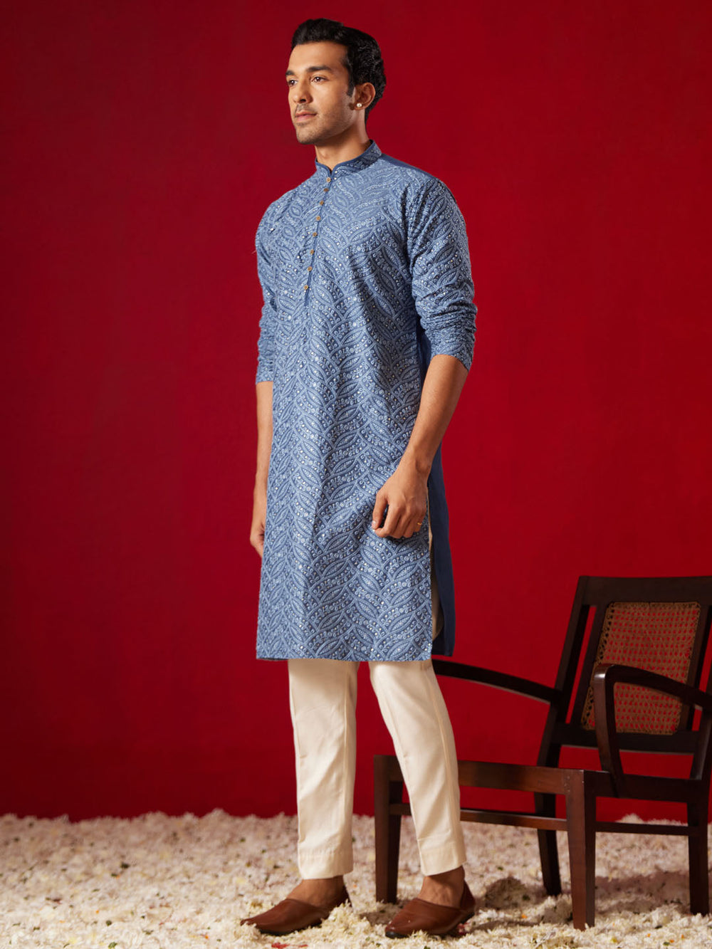 Sarvati Men's Grey Cotton Schiflli Kurta Pant Set