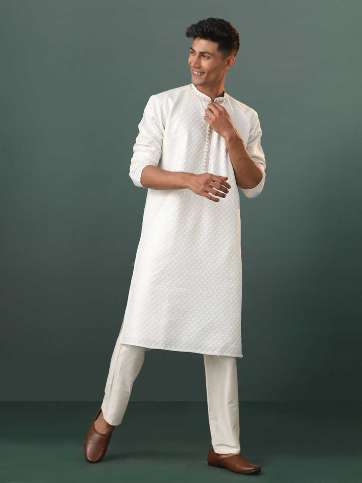 Sarvati Men's White Embroidered Cotton Blend Kurta Pyjama Set