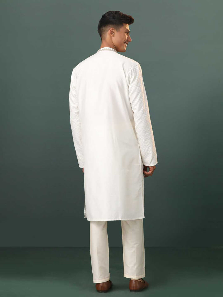 Sarvati Men's White Embroidered Cotton Blend Kurta Pyjama Set