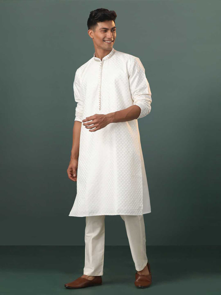 Sarvati Men's White Embroidered Cotton Blend Kurta Pyjama Set