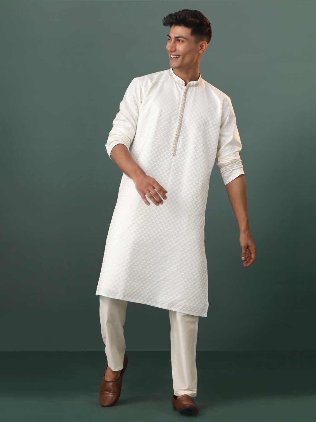 Sarvati Men's White Embroidered Cotton Blend Kurta Pyjama Set