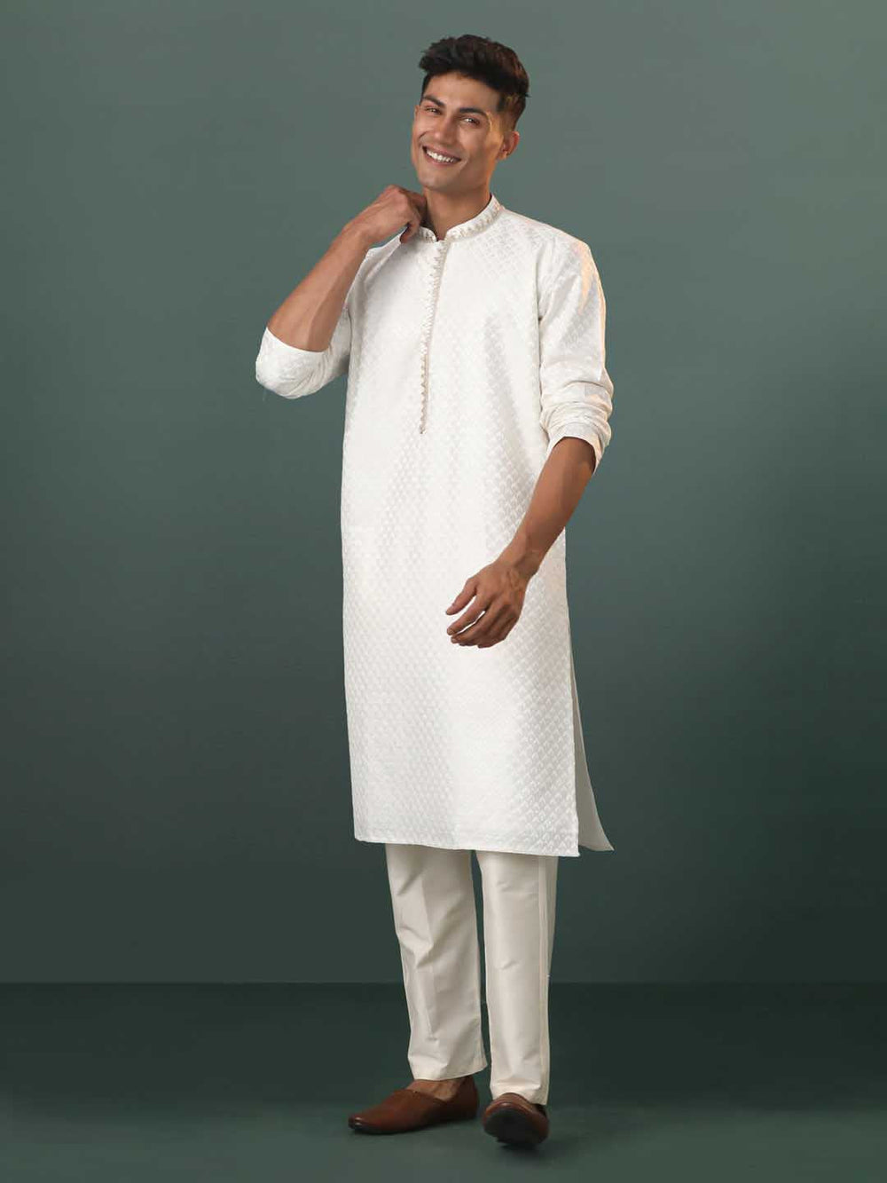 Sarvati Men's White Embroidered Cotton Blend Kurta Pyjama Set