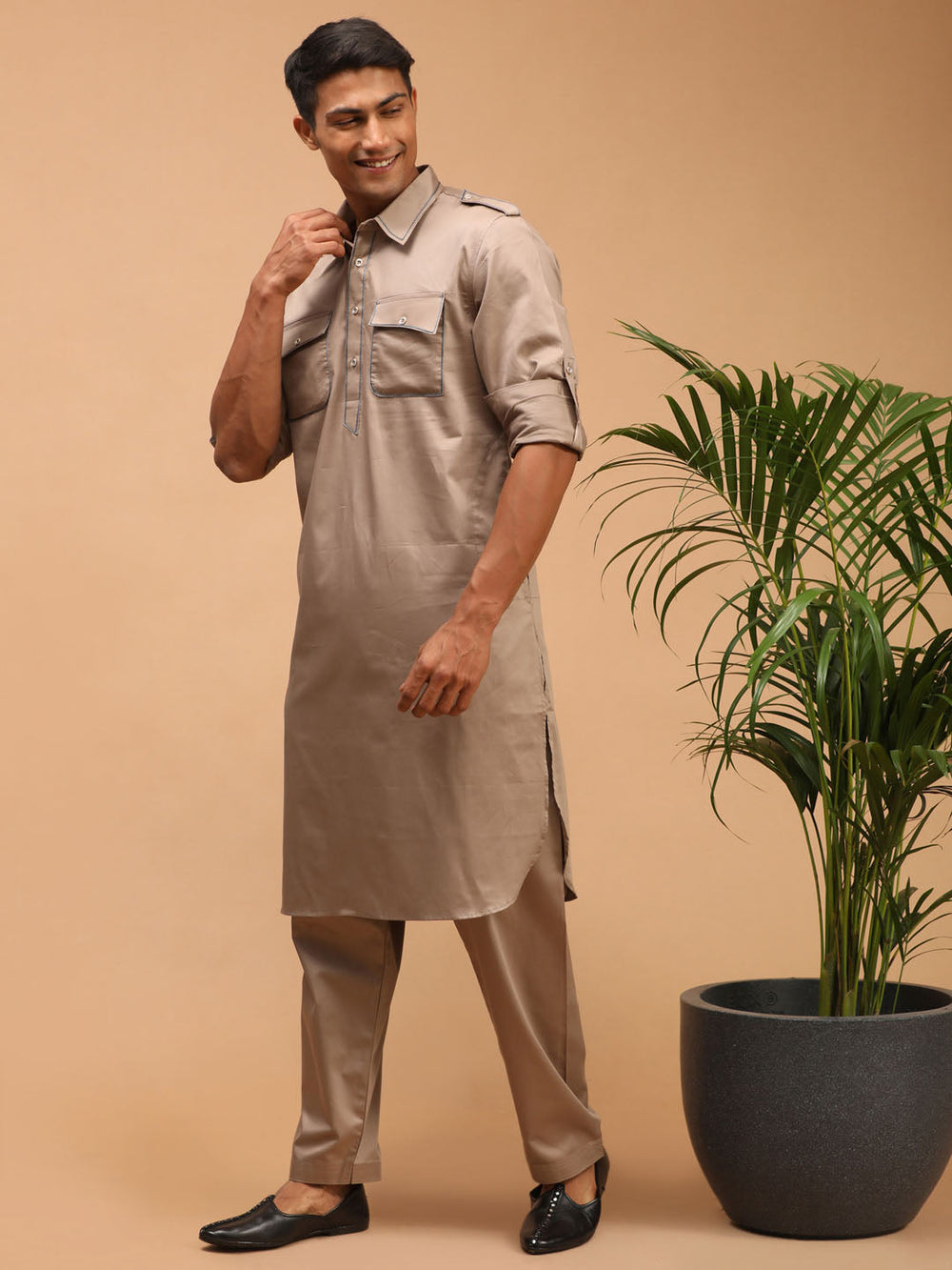 Sarvati Men's Chiku Brown Cotton Blend Pathani Suit Set