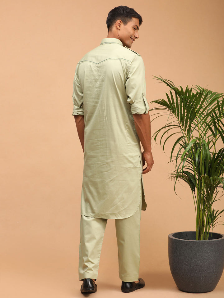 Sarvati Men's Light Green Cotton Blend Pathani Suit Set