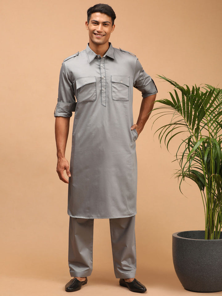 Sarvati Men's Grey Cotton Blend Pathani Suit Set