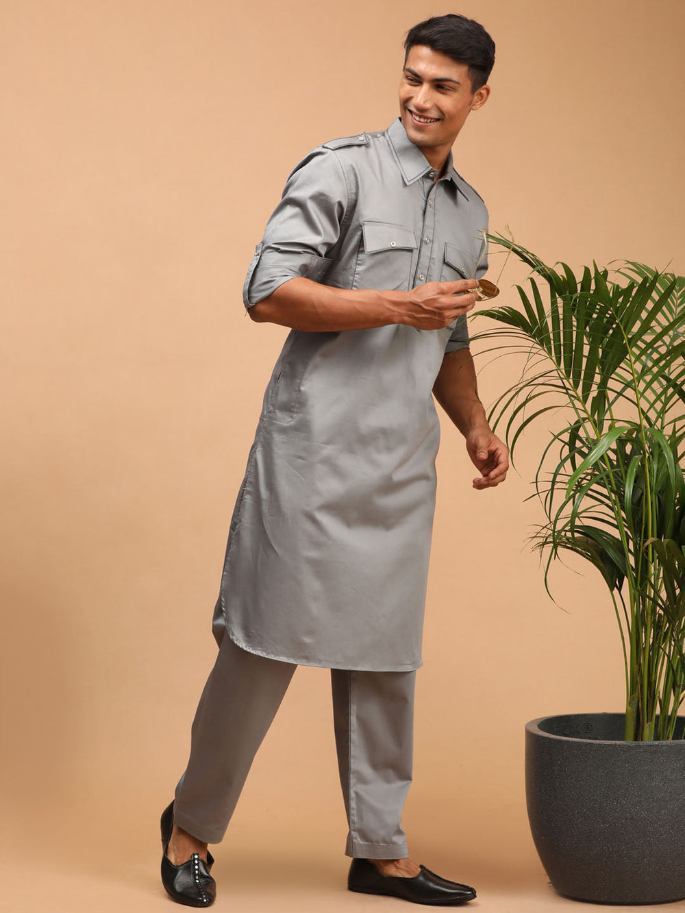 Sarvati Men's Grey Cotton Blend Pathani Suit Set