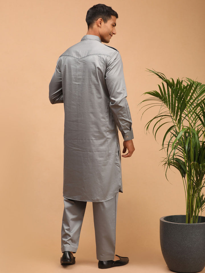 Sarvati Men's Grey Cotton Blend Pathani Suit Set