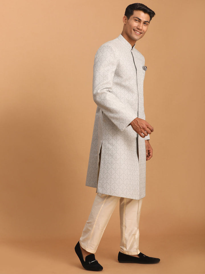 Men's Grey Jaccard Sherwani With Cream Pant Set