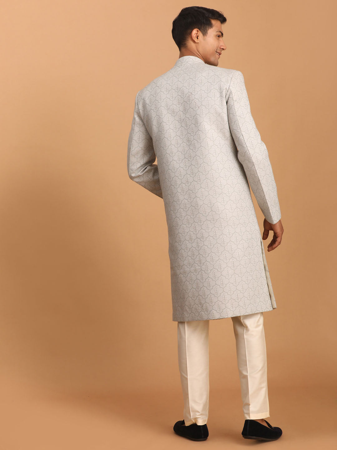 Men's Grey Jaccard Sherwani With Cream Pant Set