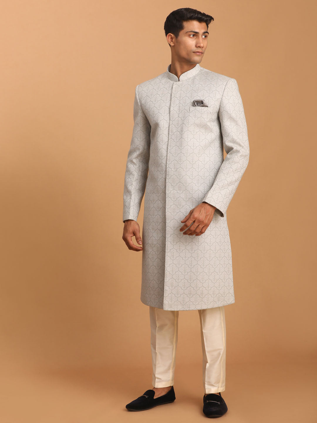 Men's Grey Jaccard Sherwani With Cream Pant Set