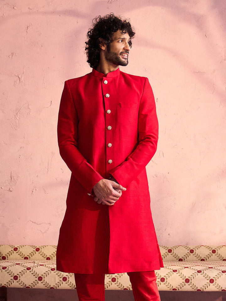 Men's Red Silk Solid Sherwani Only Top