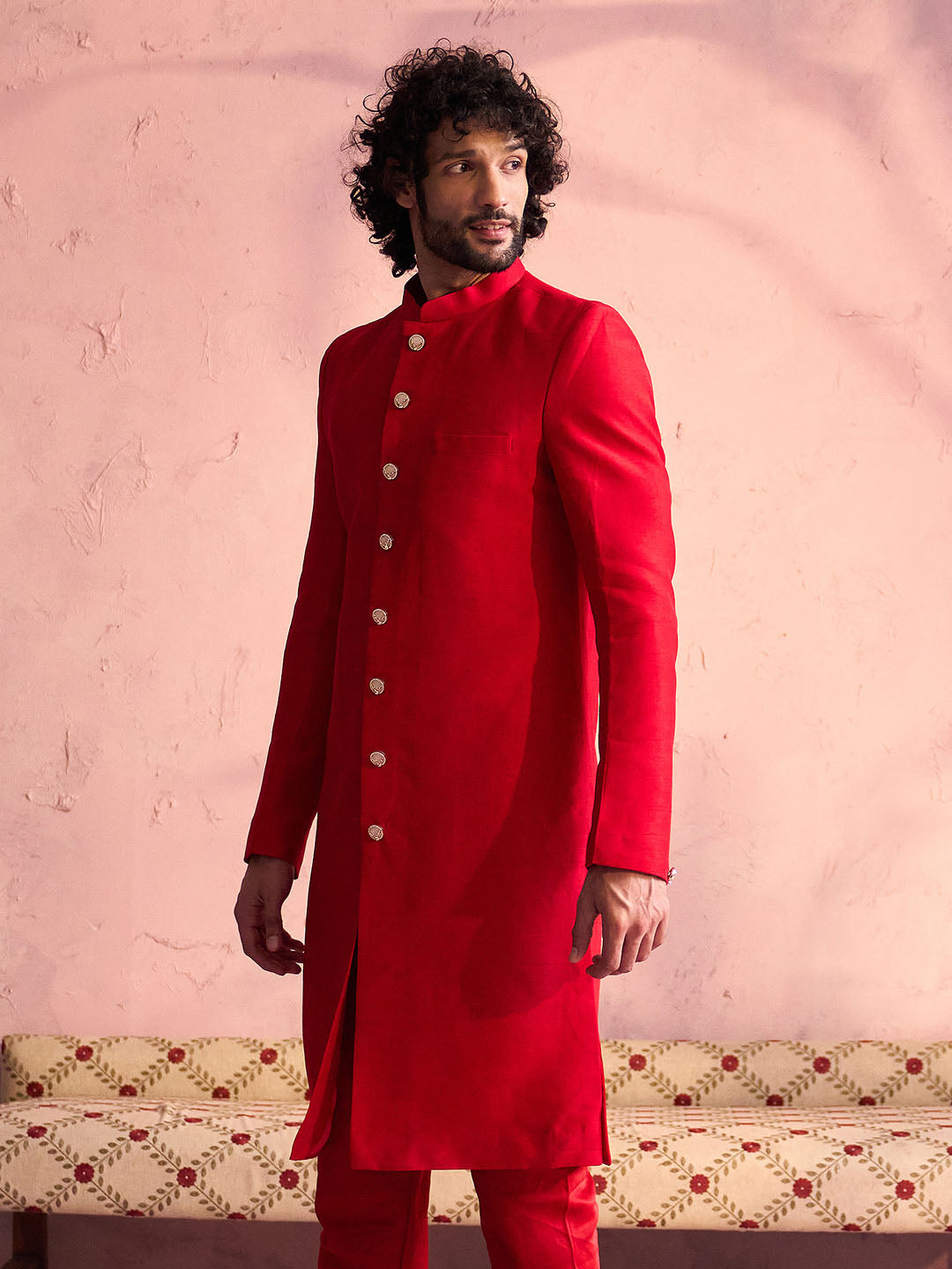 Men's Red Silk Solid Sherwani Only Top