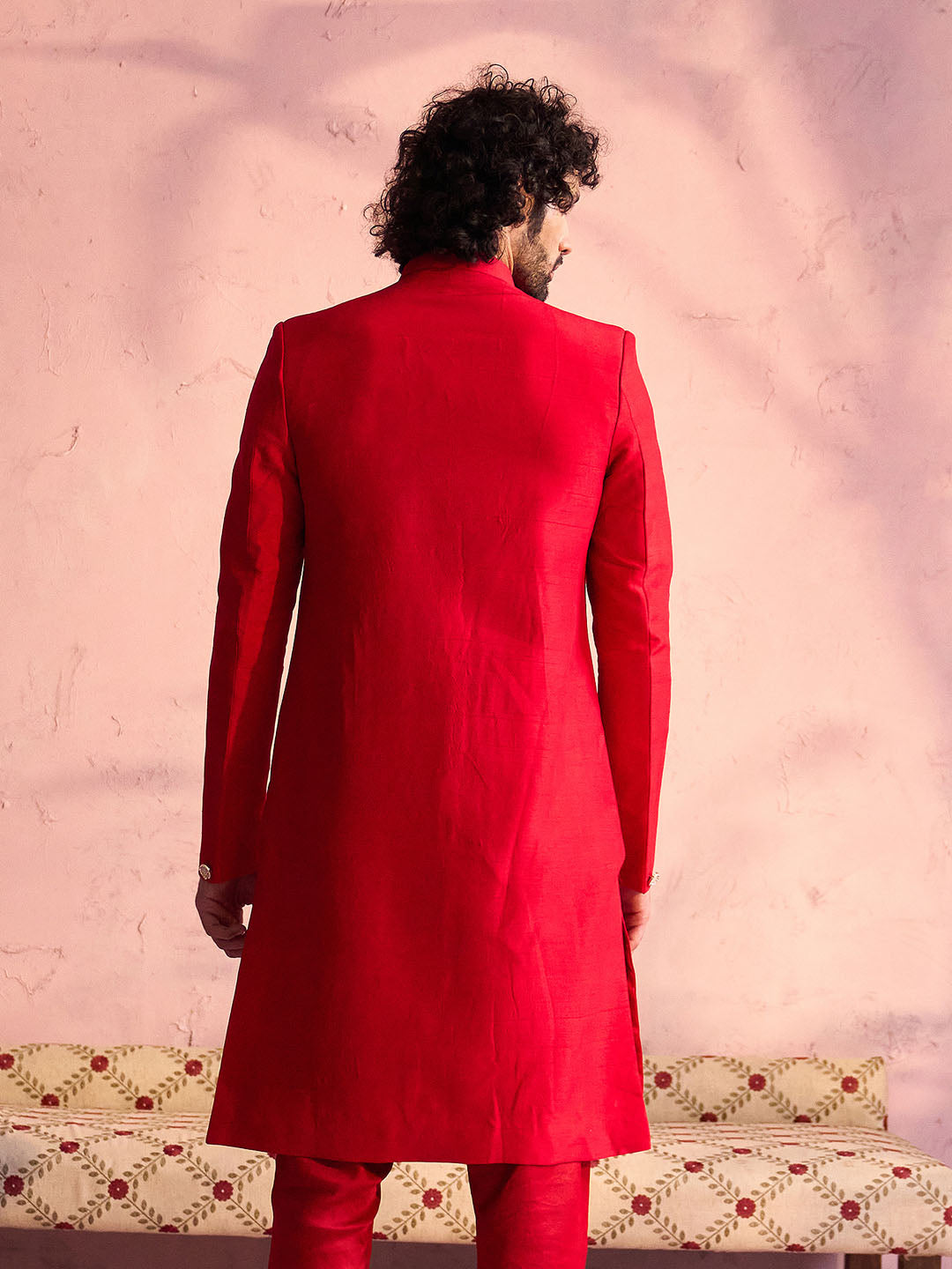 Men's Red Silk Solid Sherwani Only Top