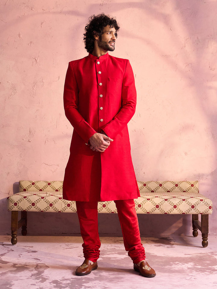 Men's Red Silk Solid Sherwani Only Top