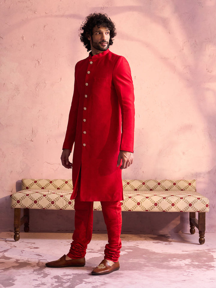 Men's Red Silk Solid Sherwani Set - view 2