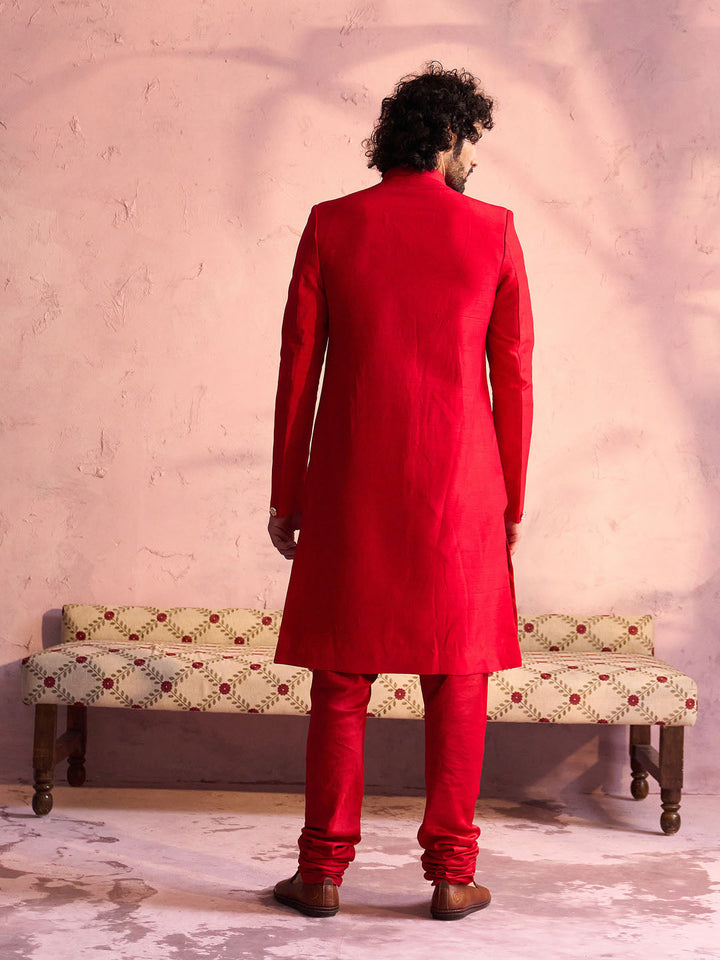 Men's Red Silk Solid Sherwani Set - view 3