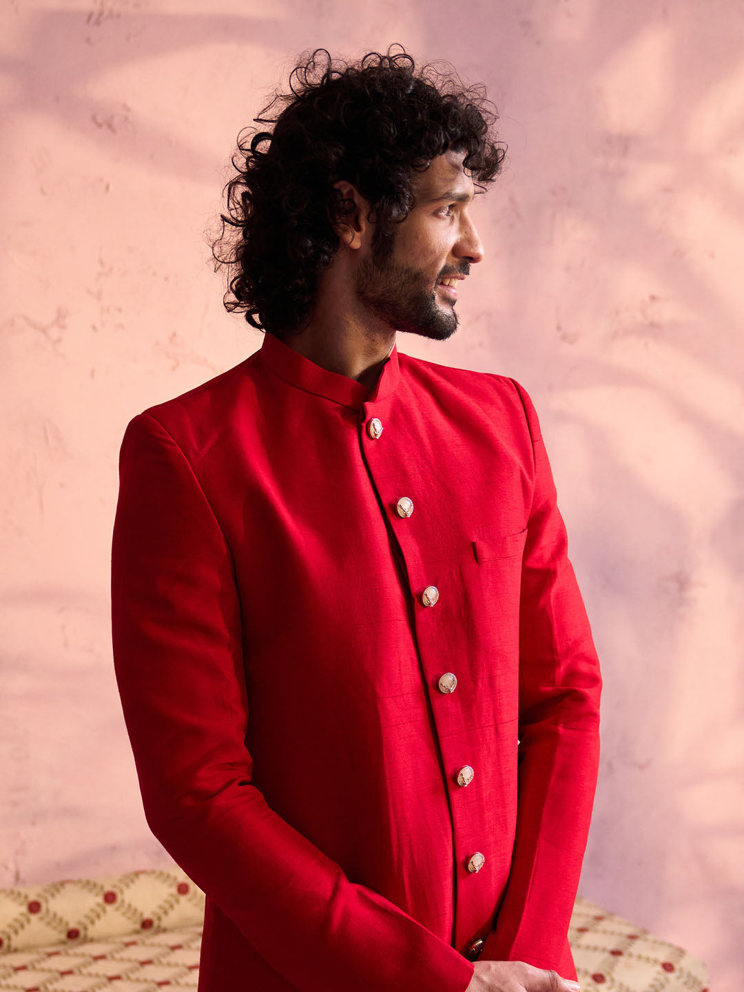 Men's Red Silk Solid Sherwani Set - view 7