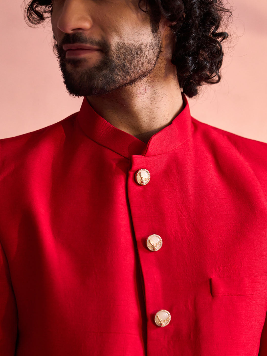 Men's Red Silk Solid Sherwani Set - view 4