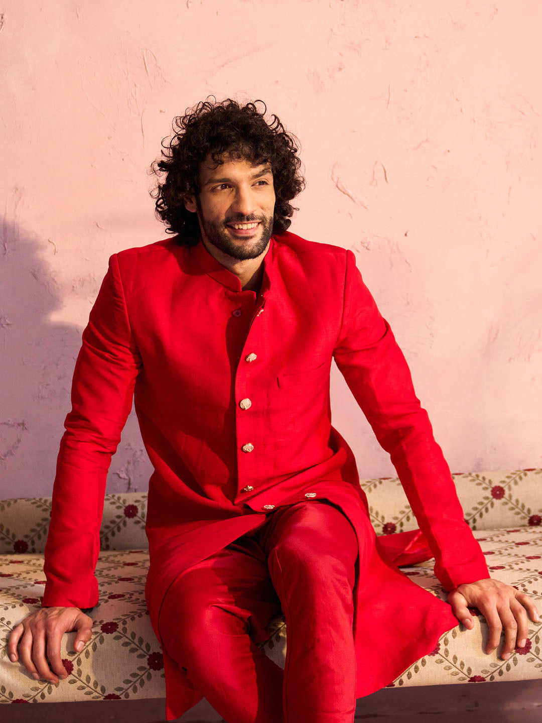 Men's Red Silk Solid Sherwani Set - view 6