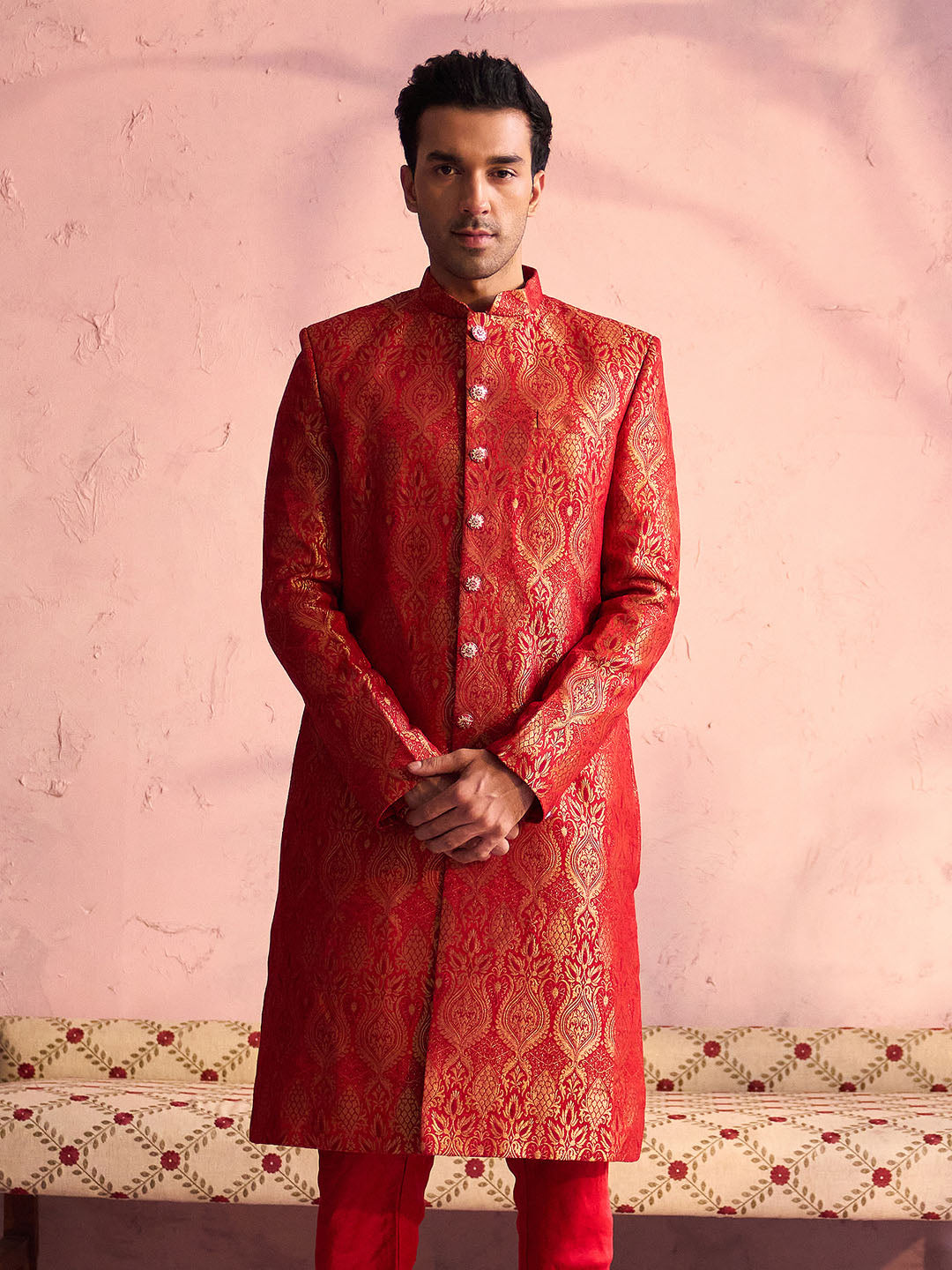 Men's Red Jacquard Sherwani Only Top