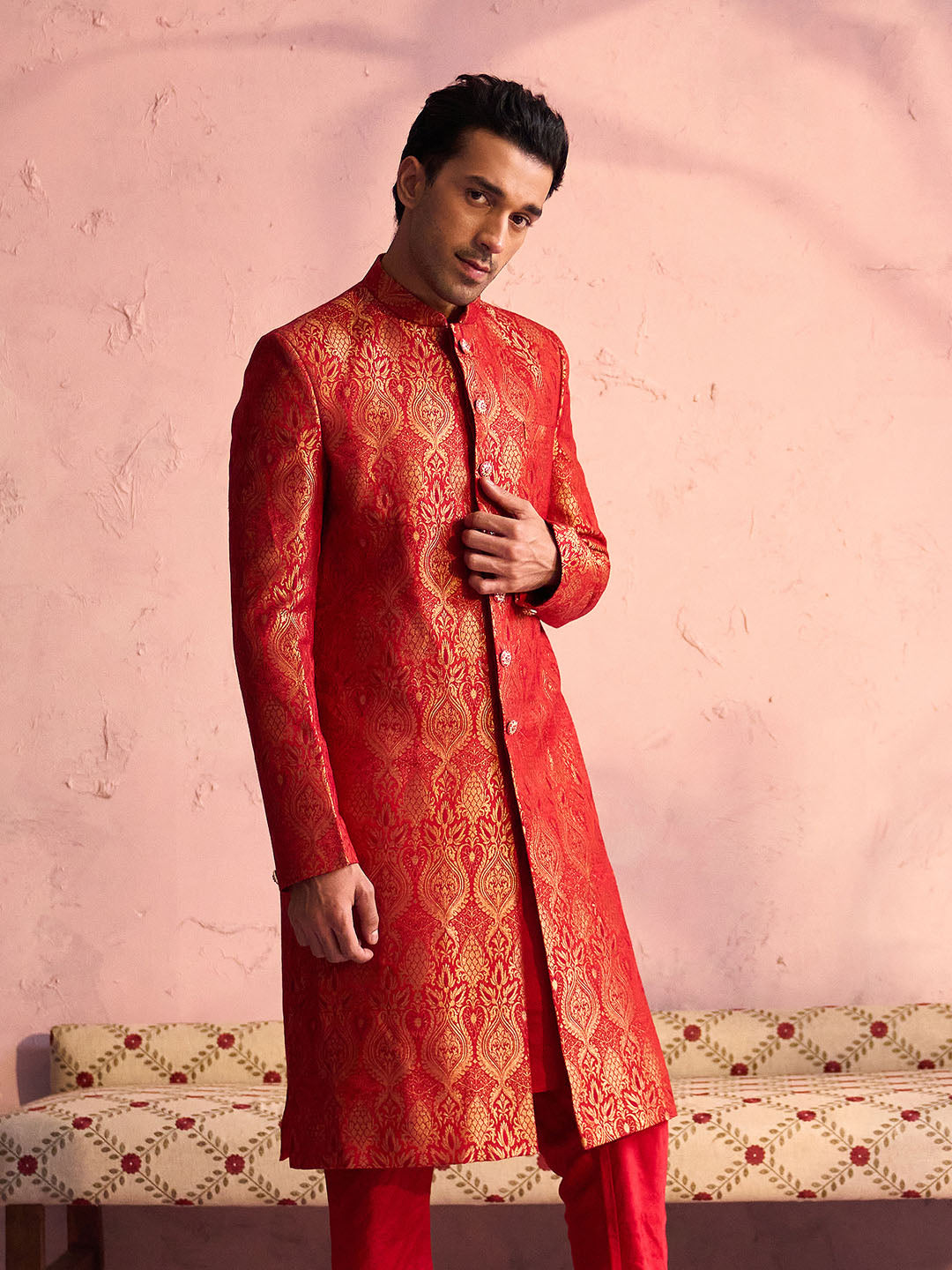 Men's Red Jacquard Sherwani Only Top