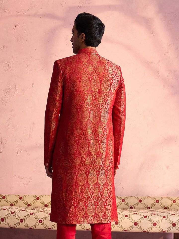 Men's Red Jacquard Sherwani Only Top