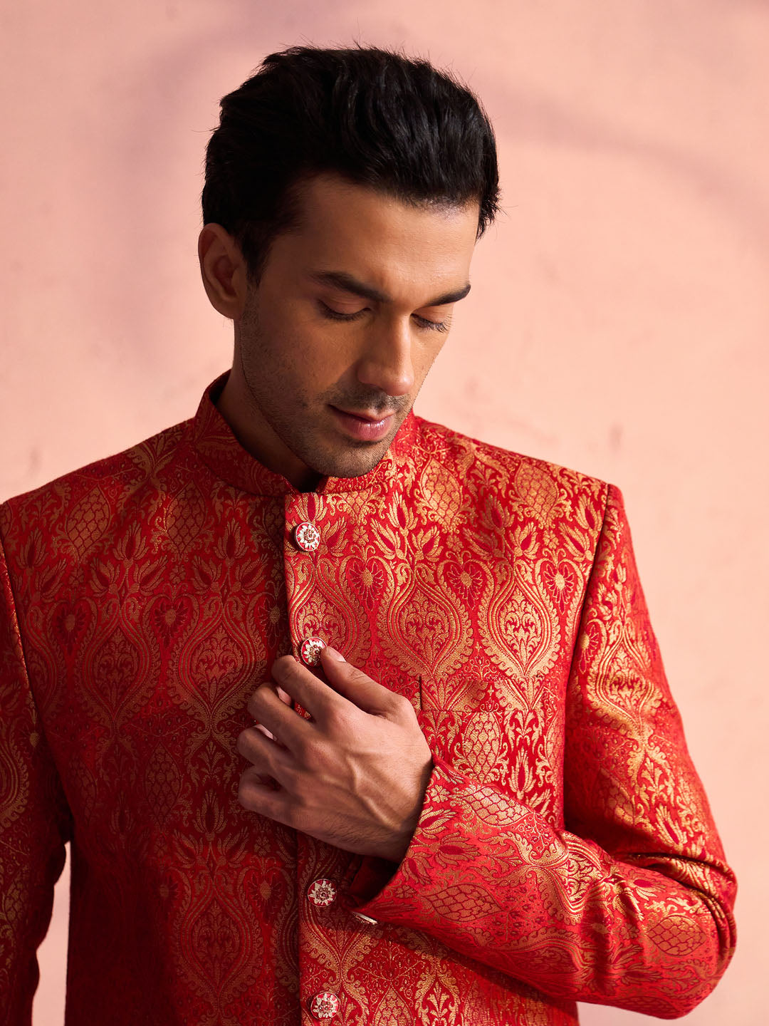 Men's Red Jacquard Sherwani Only Top