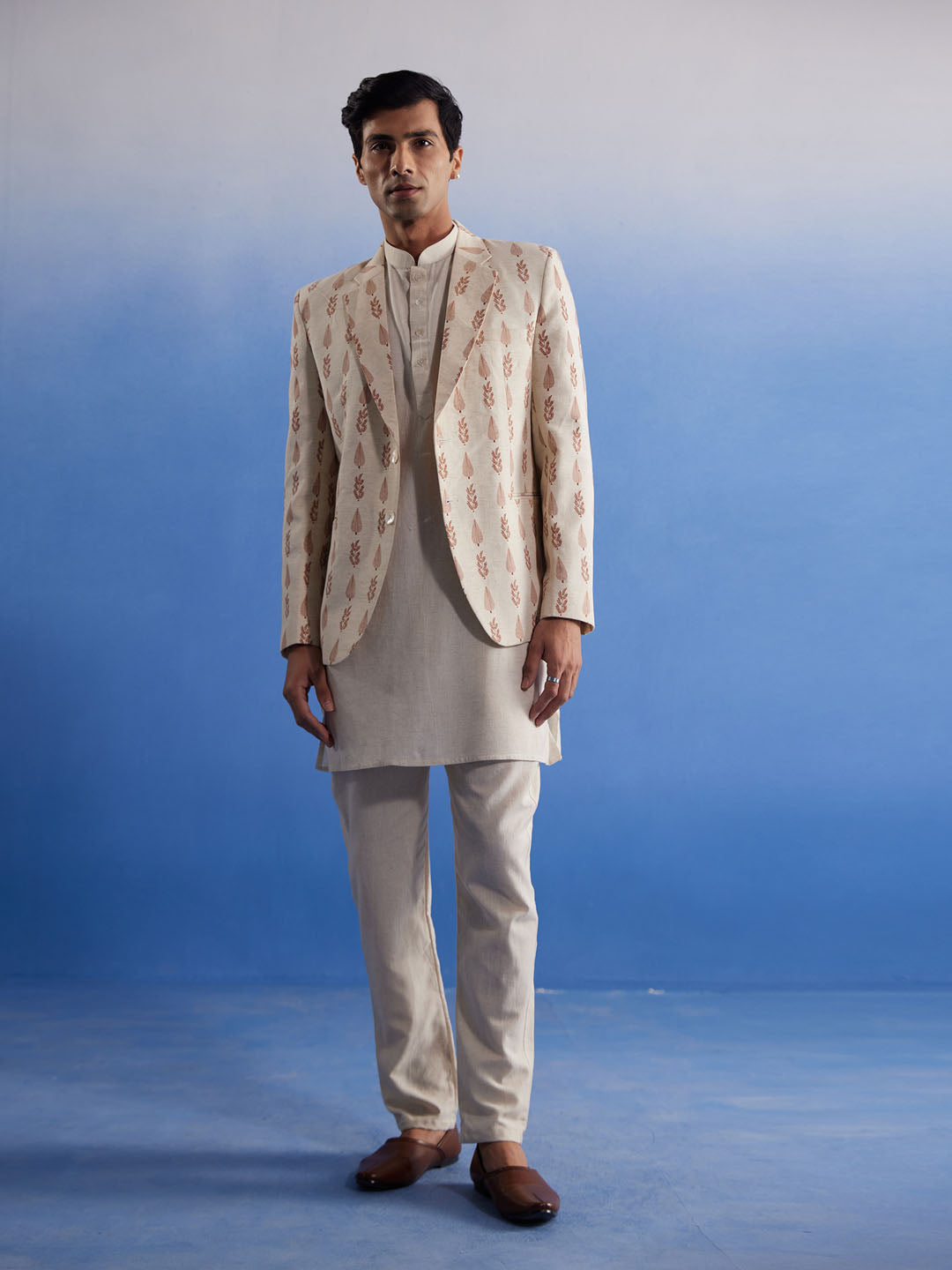 Sarvati Men's Cream Leaf Printed Blazer With Kurta Pyjama Set