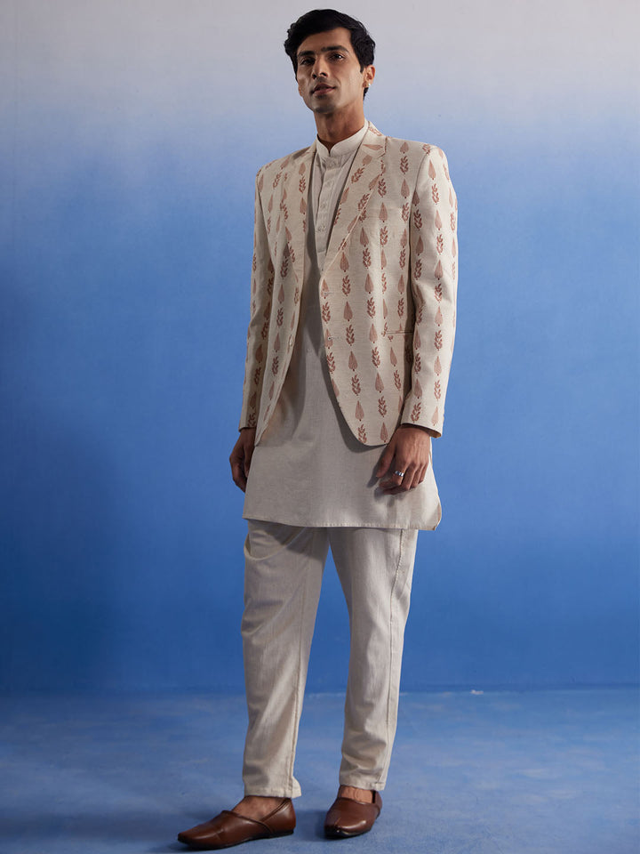 Sarvati Men's Cream Leaf Printed Blazer With Kurta Pyjama Set