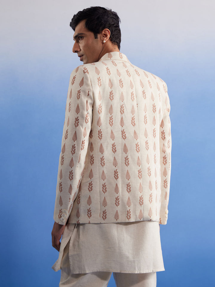 Sarvati Men's Cream Leaf Printed Blazer With Kurta Pyjama Set