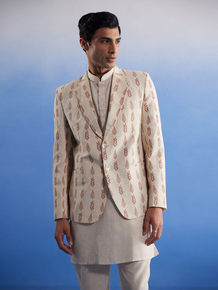 Sarvati Men's Cream Leaf Printed Blazer With Kurta Pyjama Set