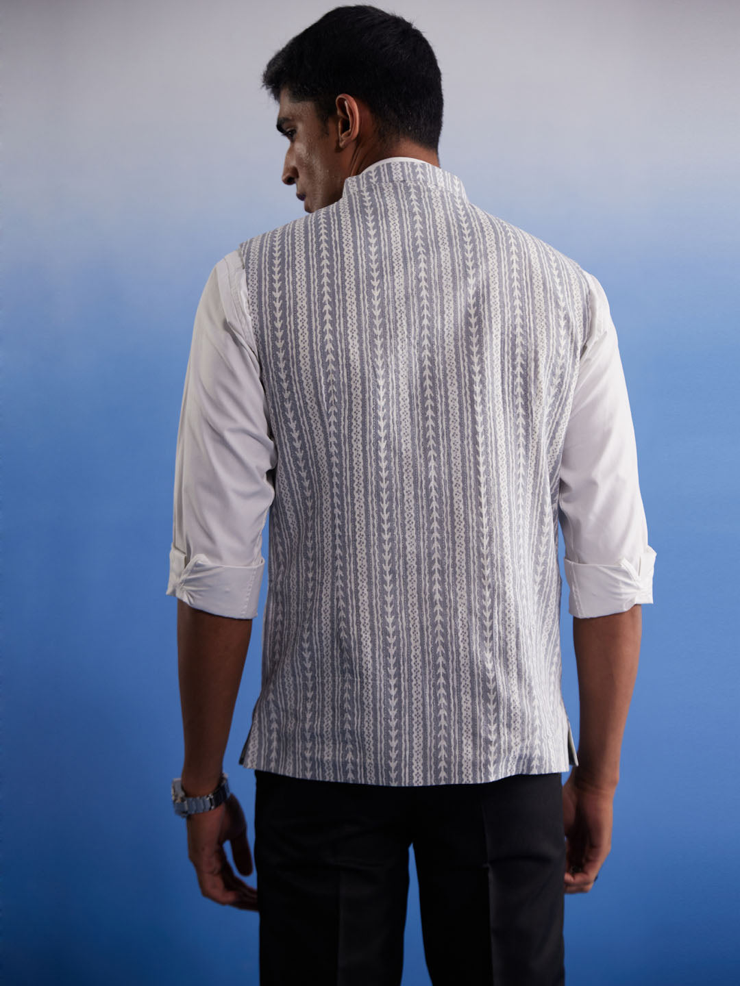 Men's Grey Aztec Print Nehru Jacket - view 3