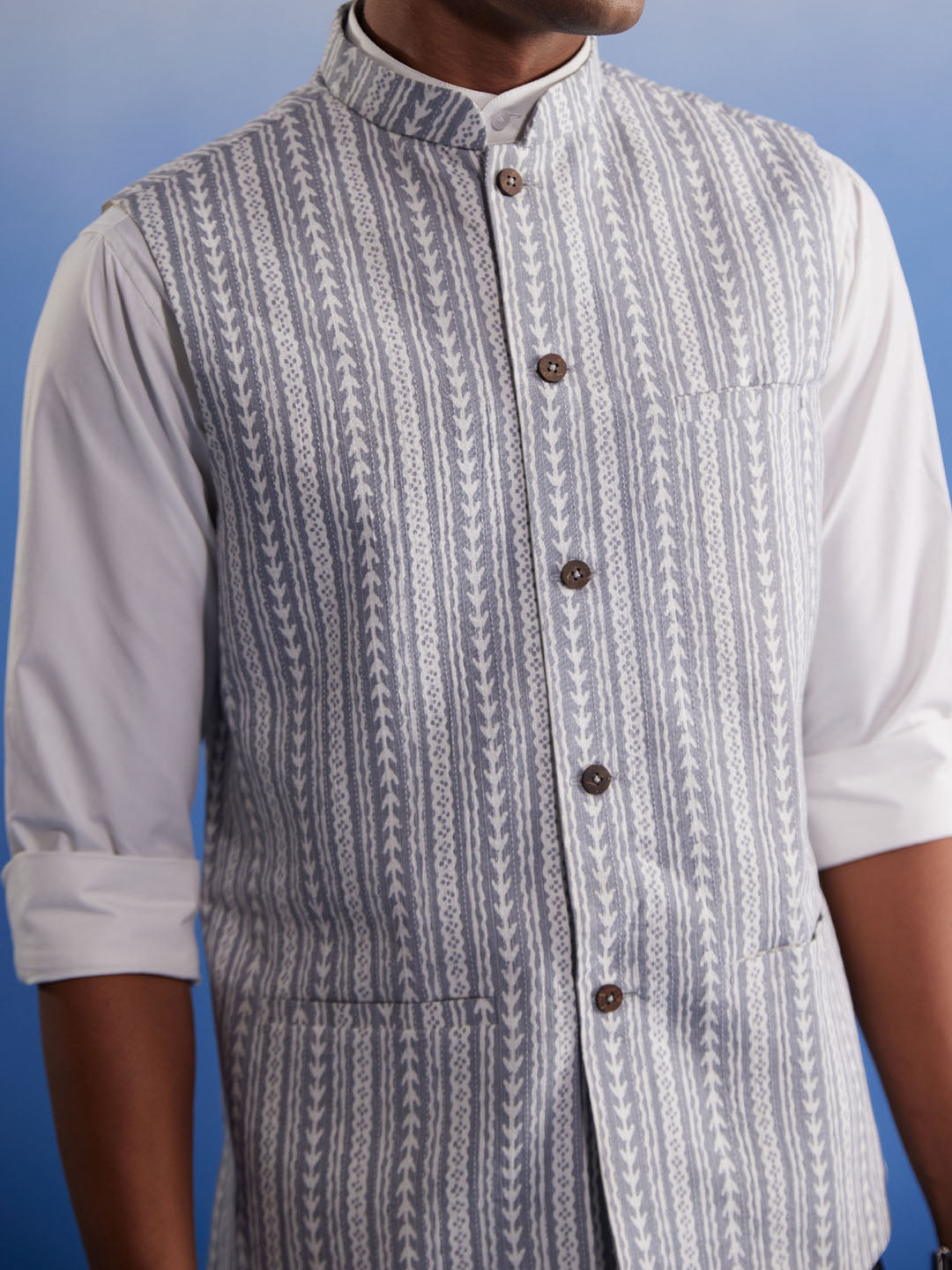 Men's Grey Aztec Print Nehru Jacket - view 4