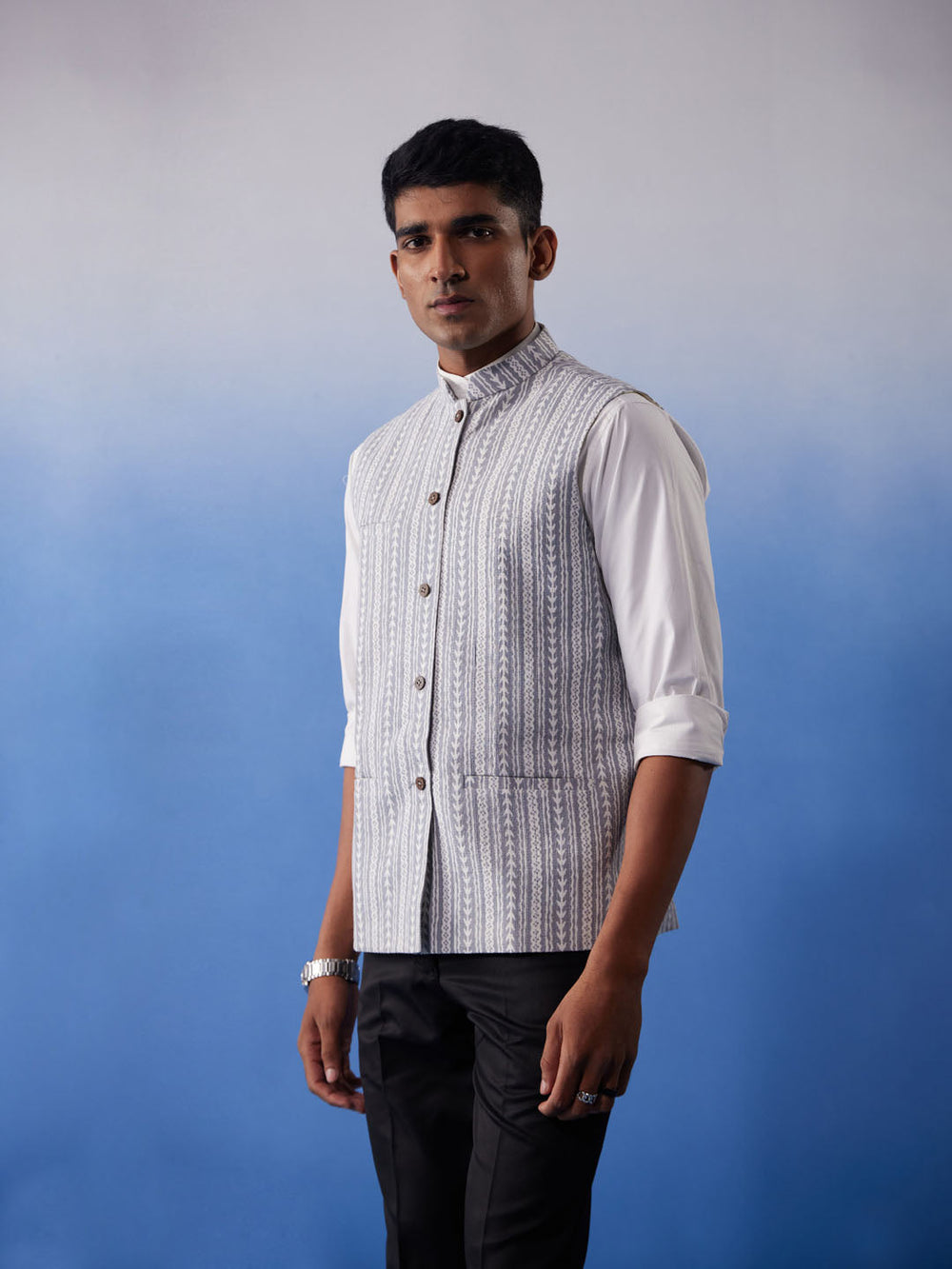 Men's Grey Aztec Print Nehru Jacket - view 2