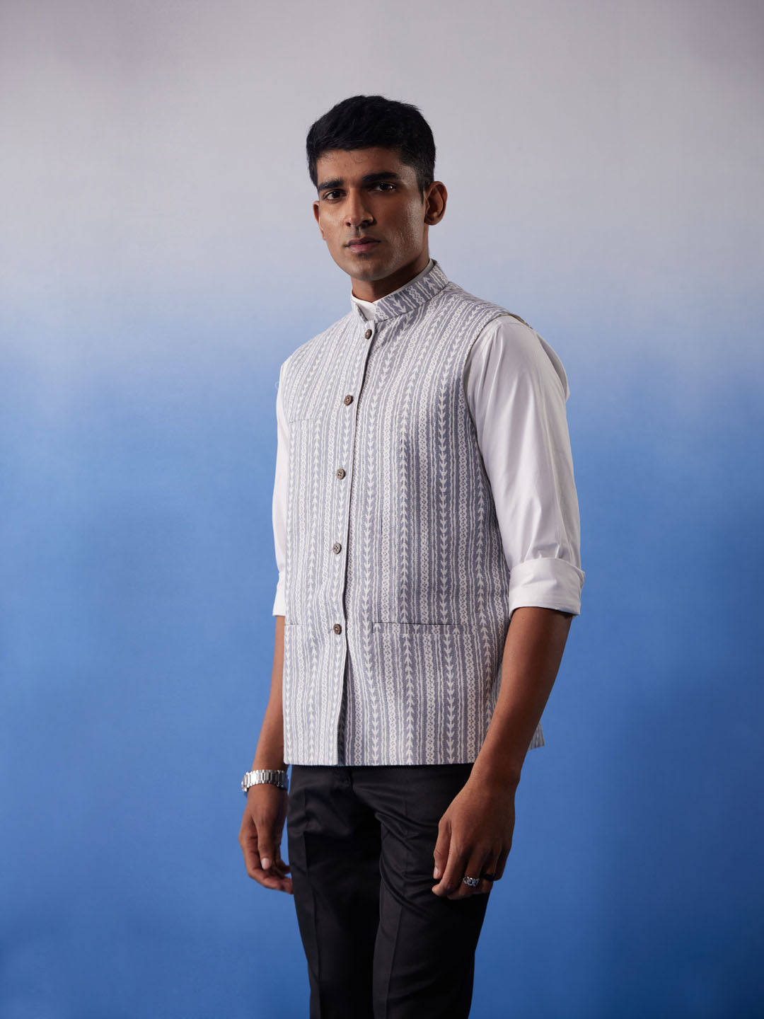 Men's Grey Aztec Print Nehru Jacket - view 2