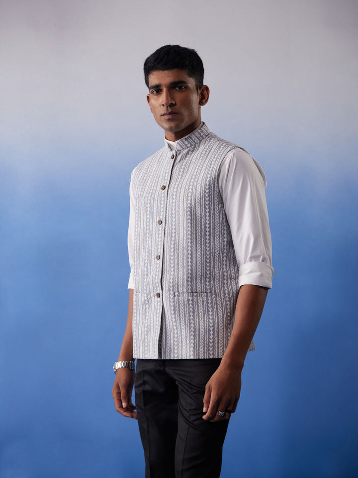 Men's Grey Aztec Print Nehru Jacket - view 2