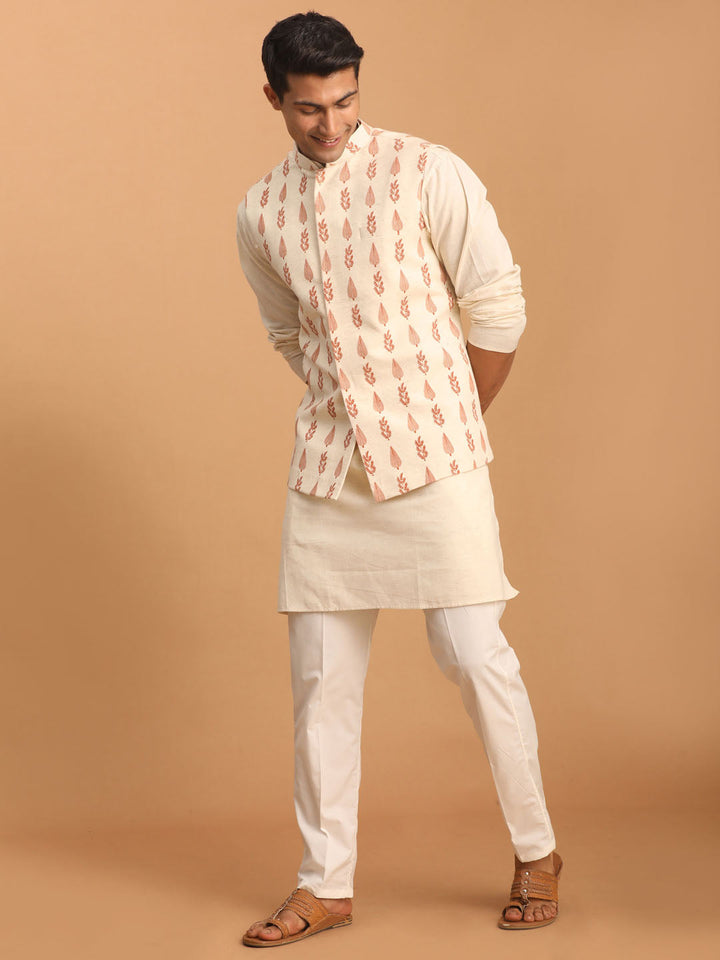 Sarvati Men's Cream Leaf Printed Pure Cotton Nehru Jacket With Short Kurta And Pant Set