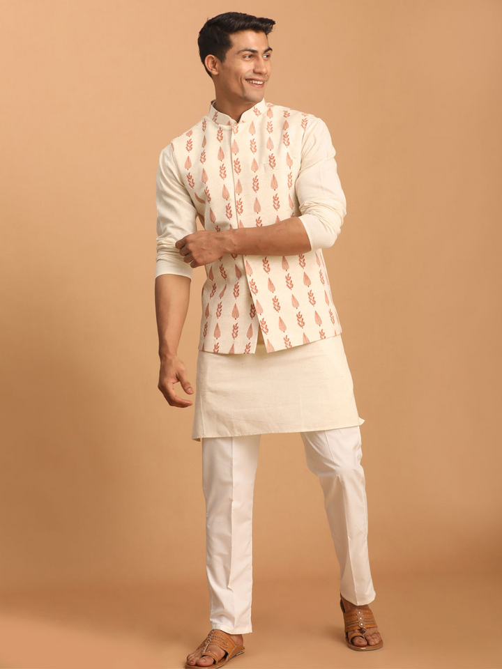 Sarvati Men's Cream Leaf Printed Pure Cotton Nehru Jacket With Short Kurta And Pant Set