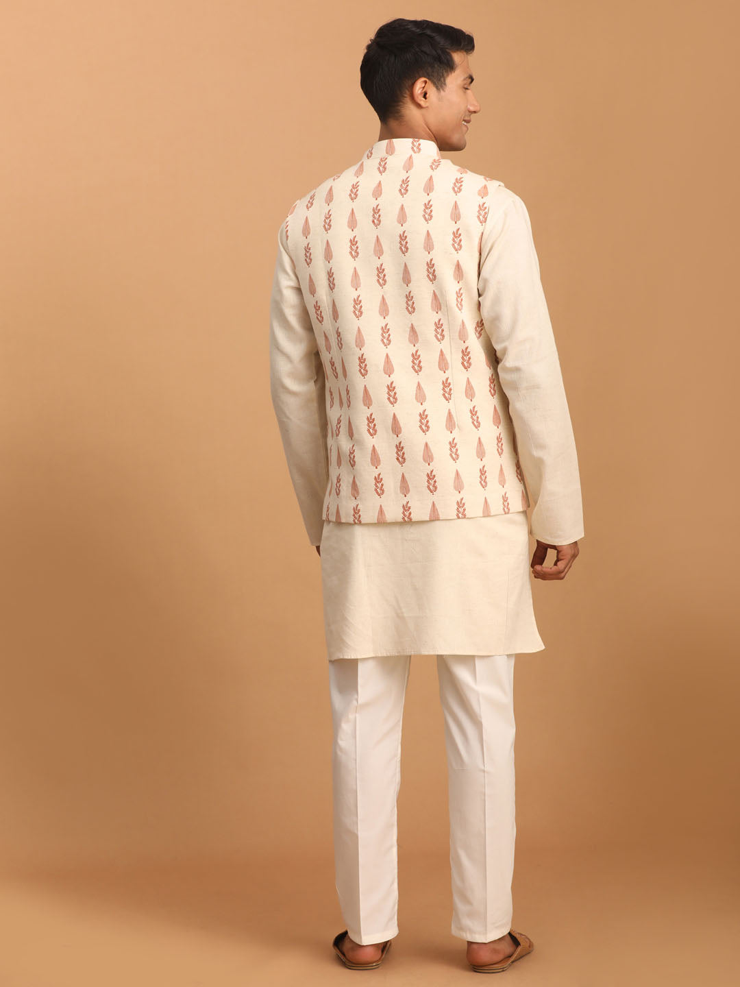 Sarvati Men's Cream Leaf Printed Pure Cotton Nehru Jacket With Short Kurta And Pant Set