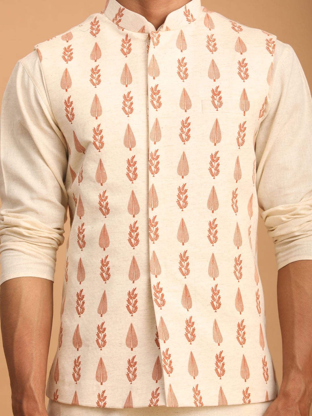 Sarvati Men's Cream Leaf Printed Pure Cotton Nehru Jacket With Short Kurta And Pant Set