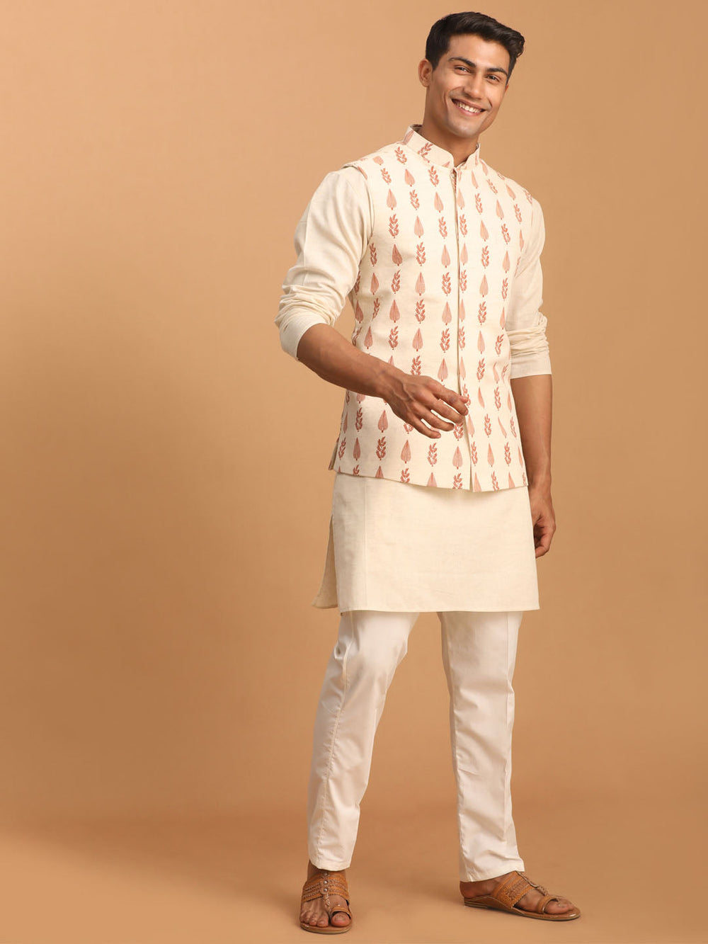 Sarvati Men's Cream Leaf Printed Pure Cotton Nehru Jacket With Short Kurta And Pant Set