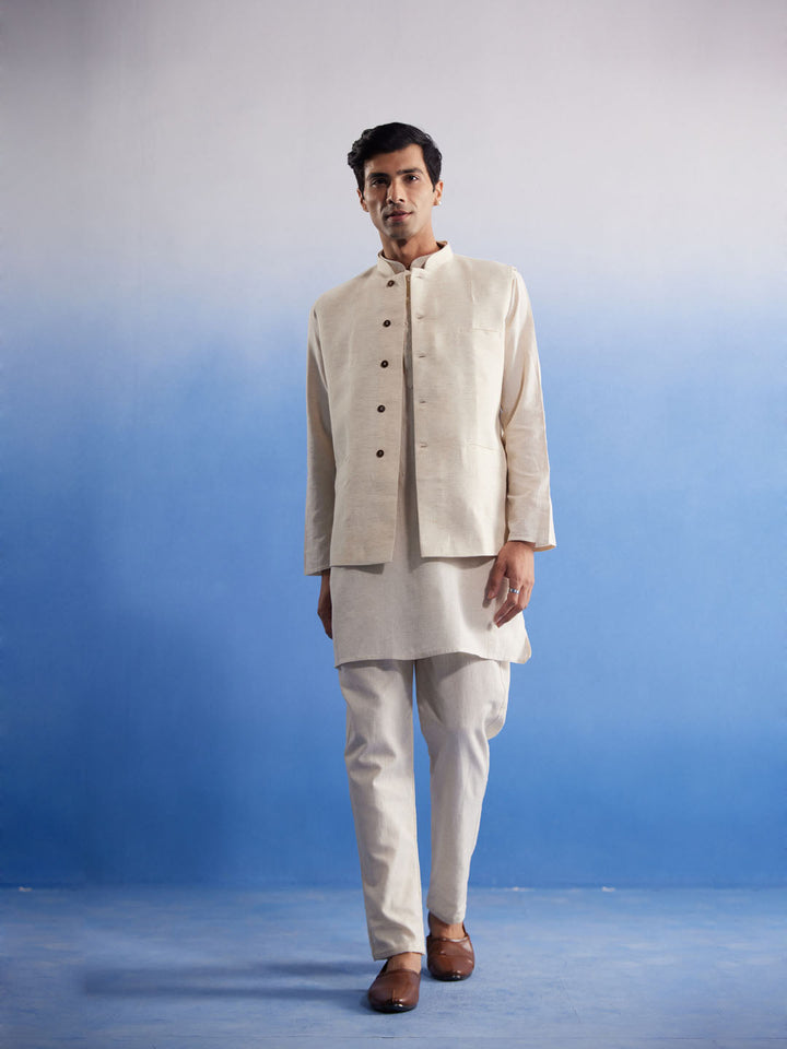 Sarvati Men's Cream Pure Cotton Nehru Jacket With Short Kurta And Pant Set