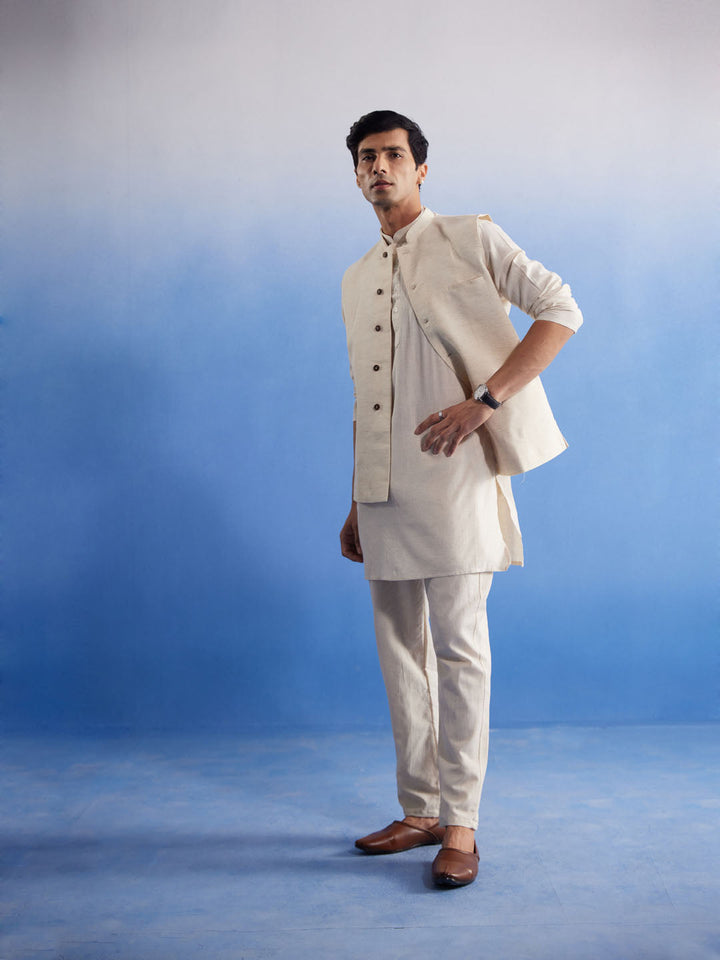 Sarvati Men's Cream Pure Cotton Nehru Jacket With Short Kurta And Pant Set