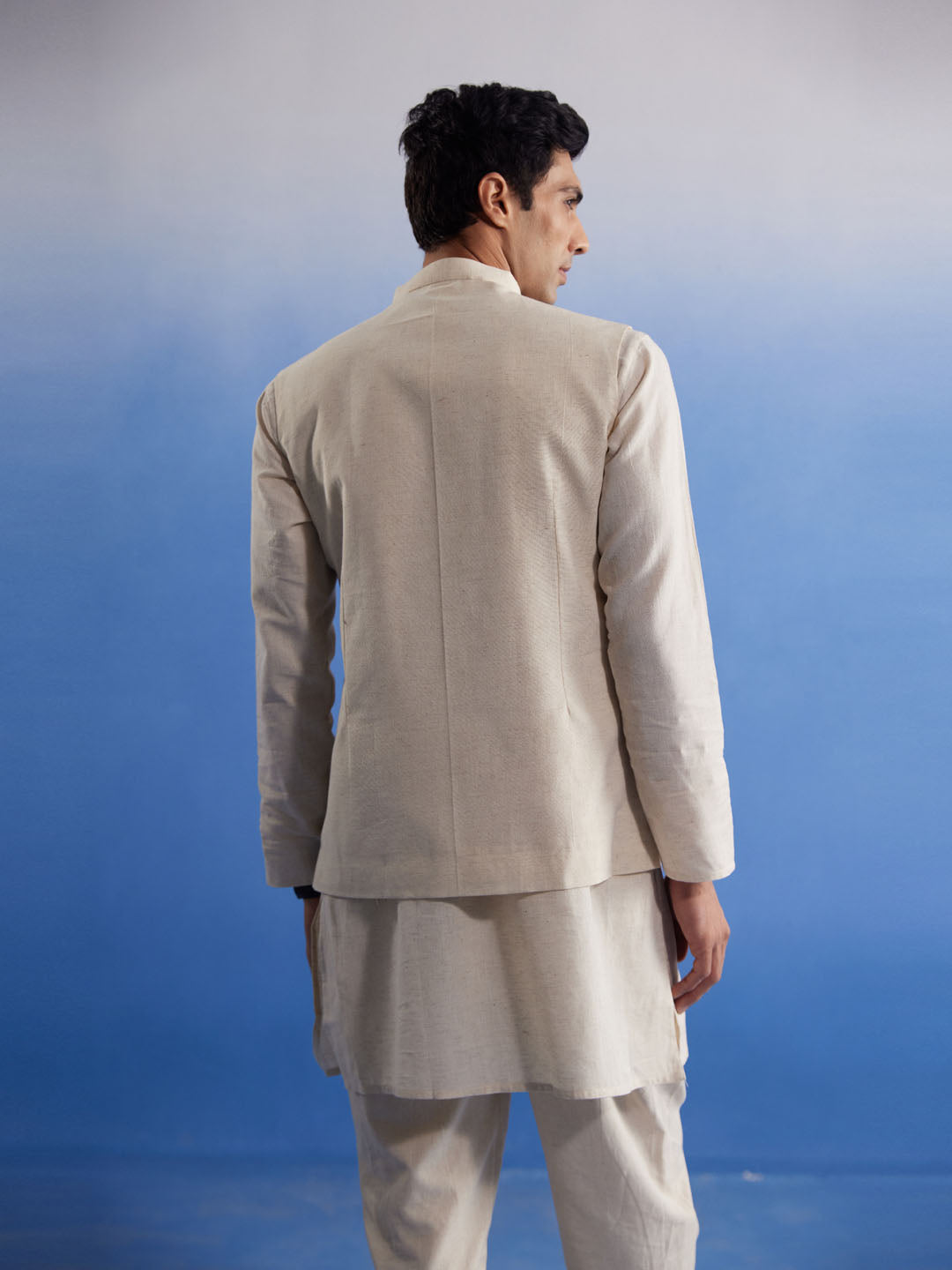 Sarvati Men's Cream Pure Cotton Nehru Jacket With Short Kurta And Pant Set