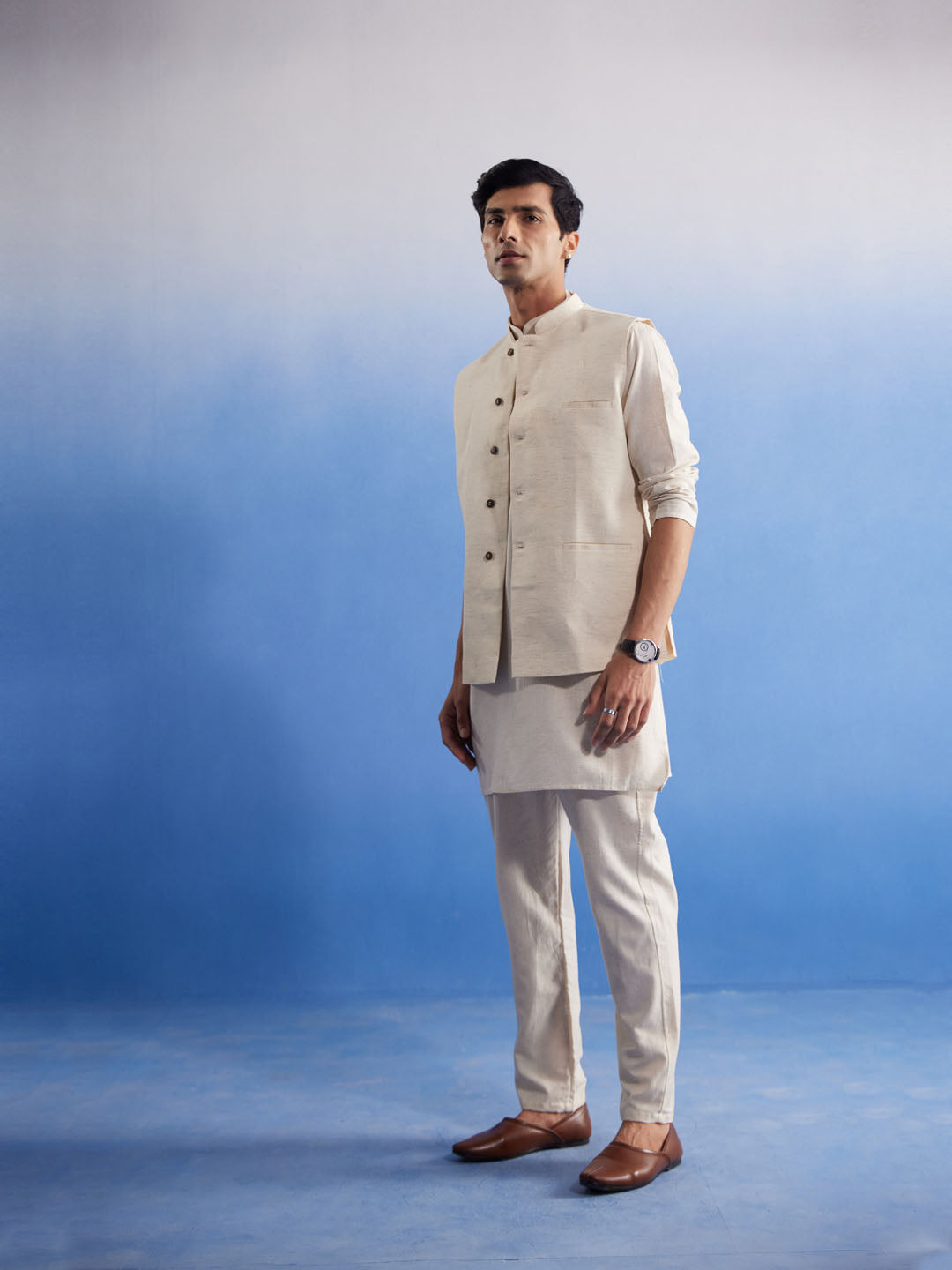 Sarvati Men's Cream Pure Cotton Nehru Jacket With Short Kurta And Pant Set