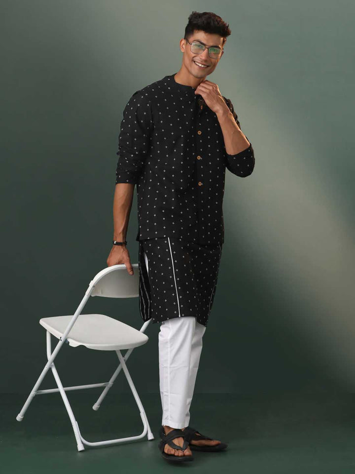 Sarvati Men's Black Jacquard Cotton Jacket Kurta Pyjama Set