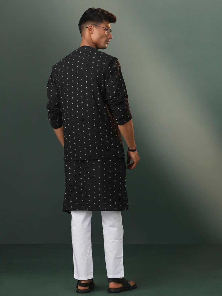 Sarvati Men's Black Jacquard Cotton Jacket Kurta Pyjama Set