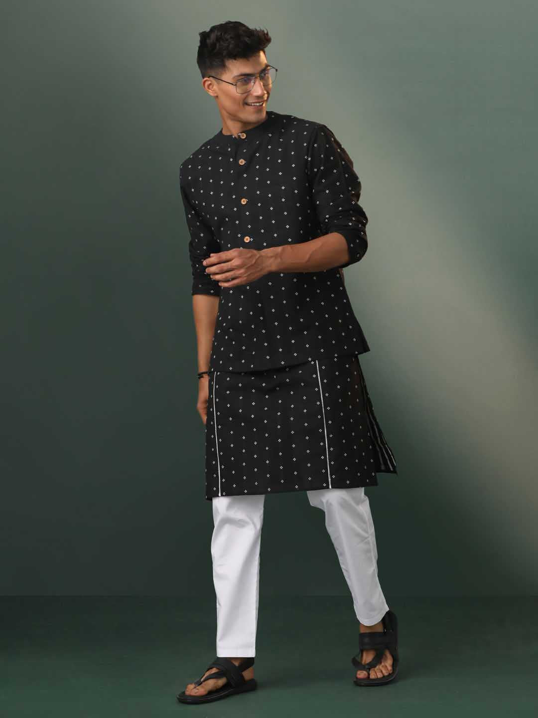 Sarvati Men's Black Jacquard Cotton Jacket Kurta Pyjama Set